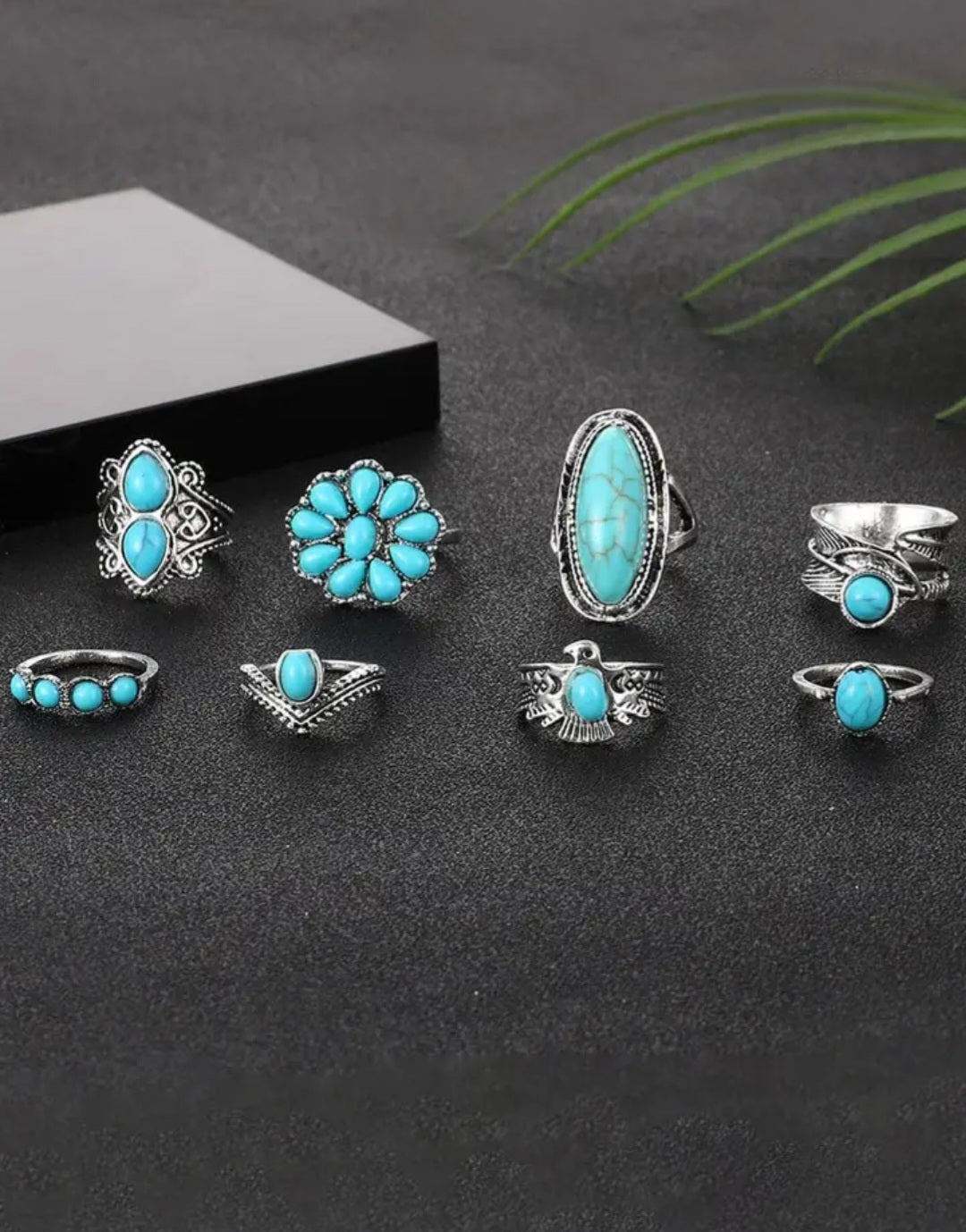 8 Piece Western Turquoise Ring Set