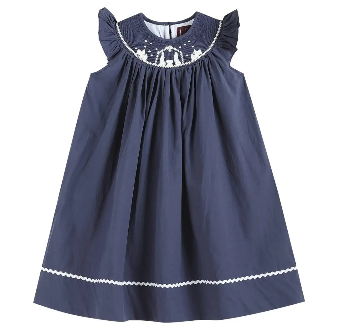 Lil Cactus Navy Blue Nativity Smocked Christmas Dress