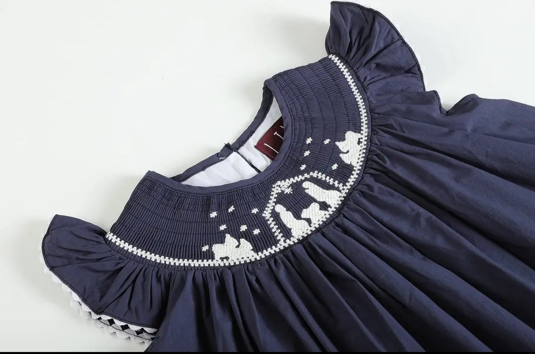 Lil Cactus Navy Blue Nativity Smocked Christmas Dress