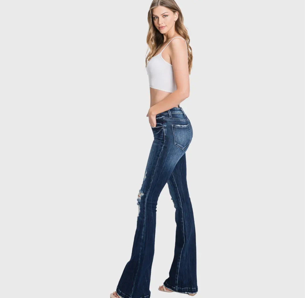 Petra153 PETITE Distressed Mid Rise Stretch Flare Jeans