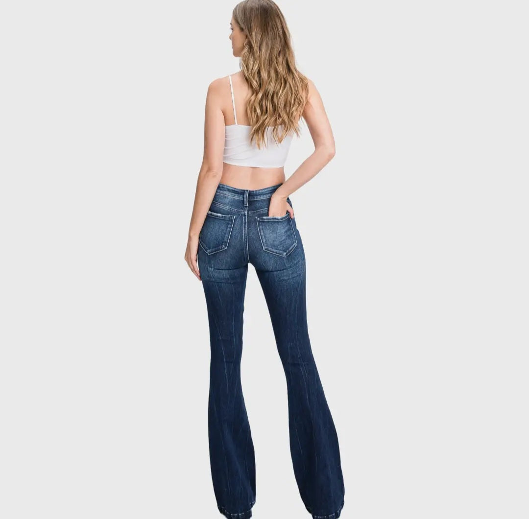 Petra153 PETITE Distressed Mid Rise Stretch Flare Jeans