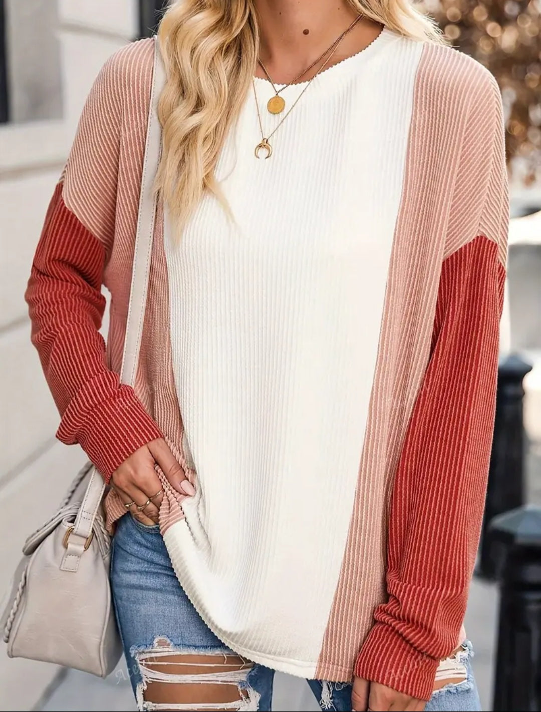 Elegant Color Block Striped Long Sleeve Shirt - Polyester Knit Round Neck Casual Top for All Seasons