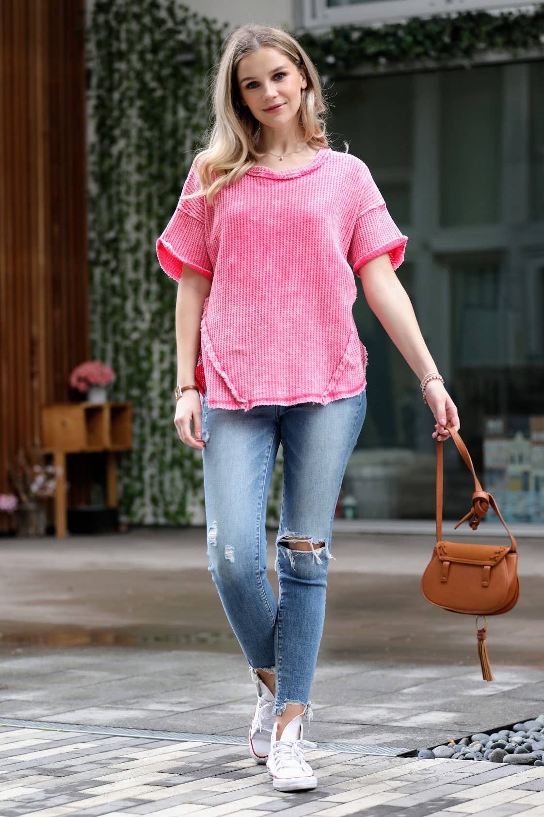 Washed Baby Waffle Top w/ back patch