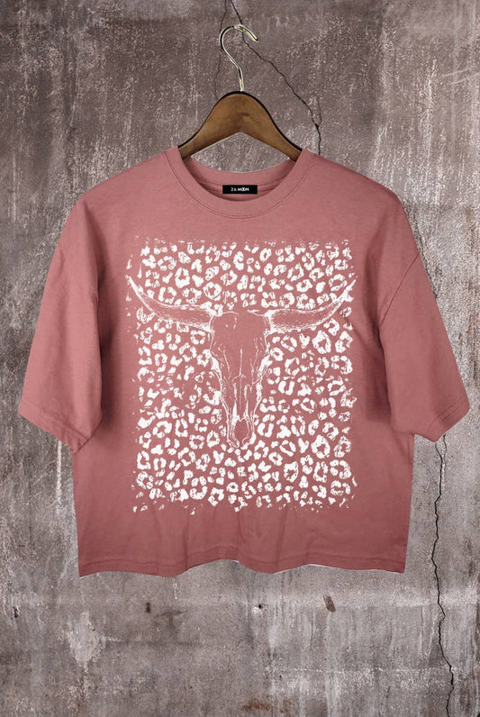 Leopard Pattern Cow Western Theme Graphic Crop Tee