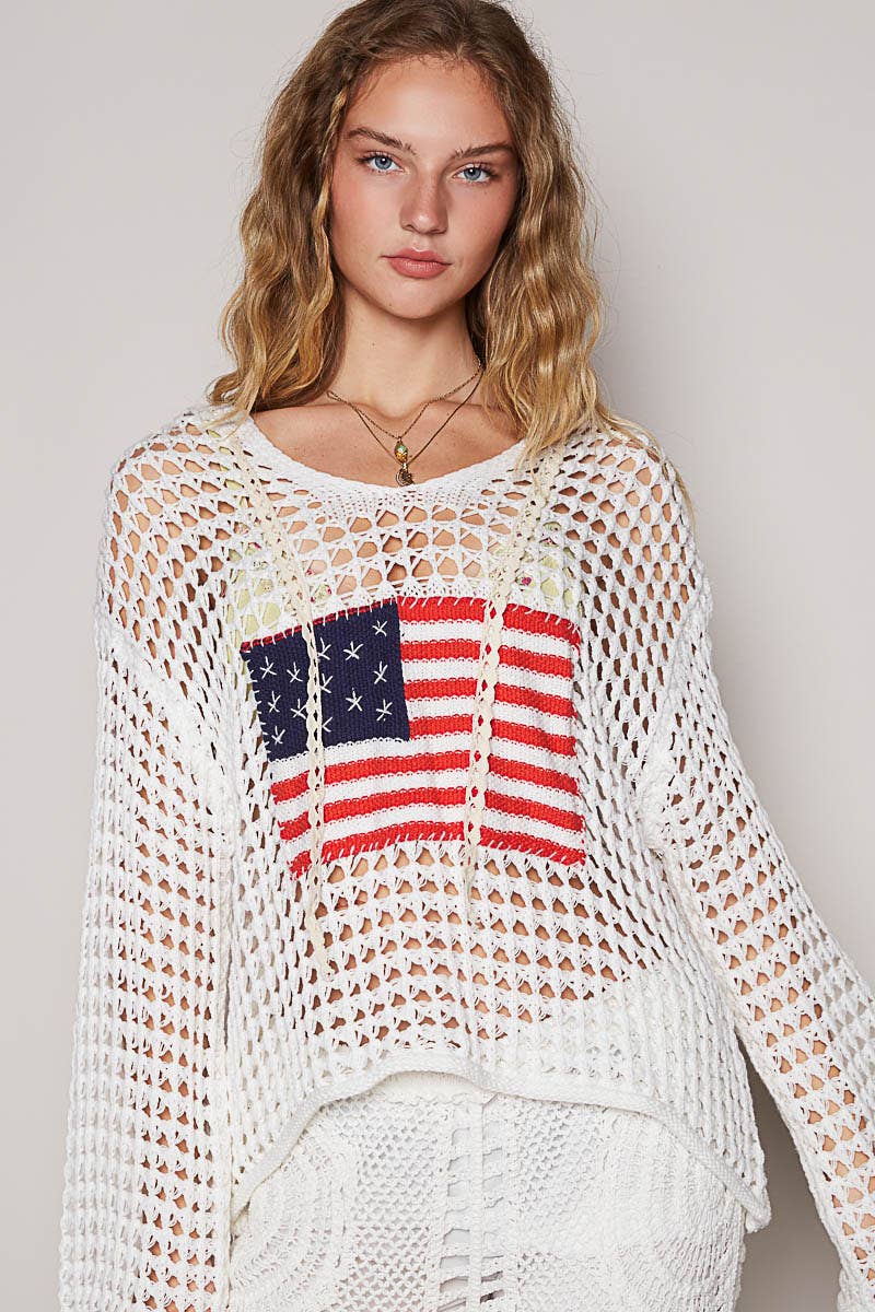 POL Long sleeve American flag hoodie thin sweater top