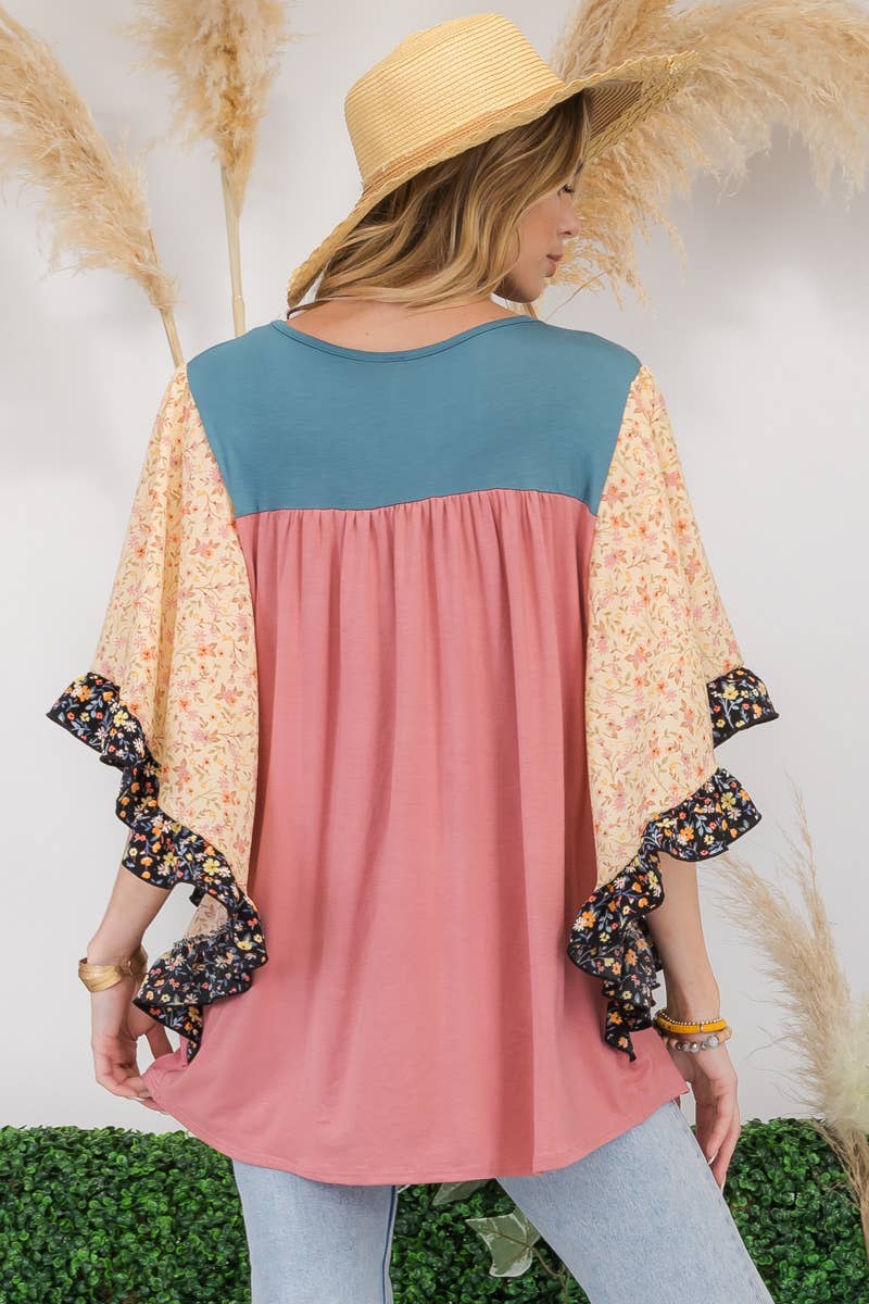 TUNIC TOP WITH FLORAL CHIFFON SLEEVES