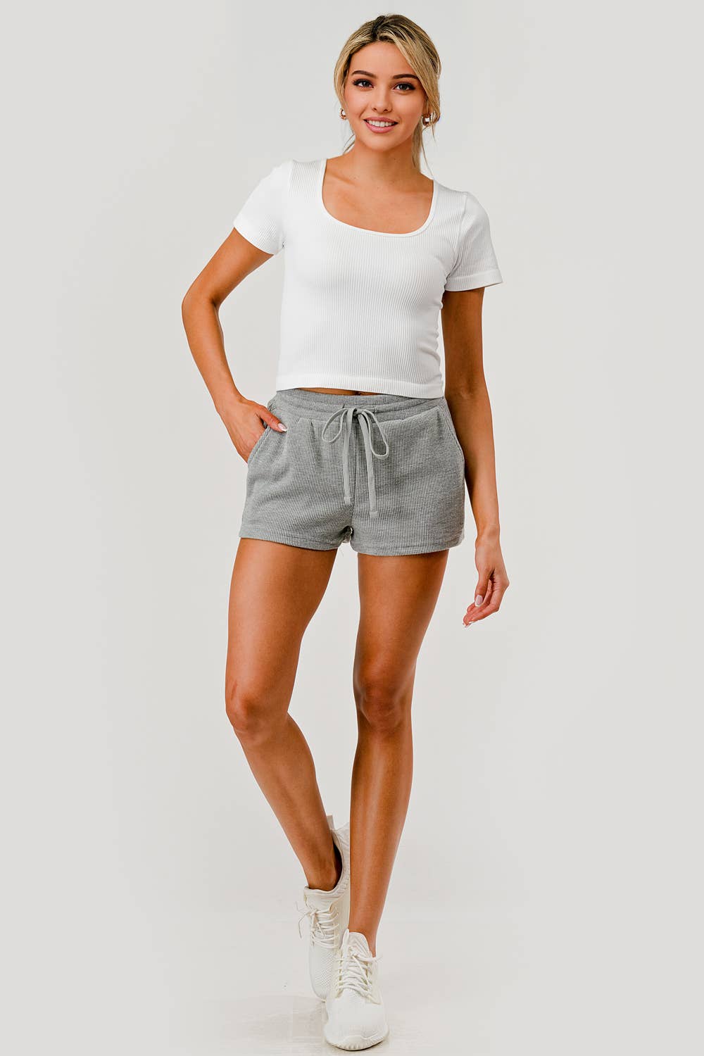 Womens Drawstring Waffle Textured Shorts W/Pockets