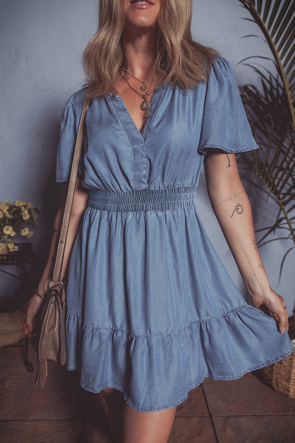 Denim Ruffle V-Neck Spring Mini Dress