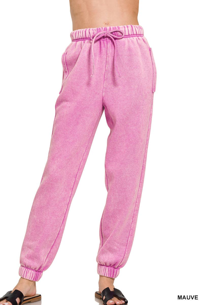 ZENANA SNOW ACID WASH FLEECE SWEATPANTS WITH POCKETS