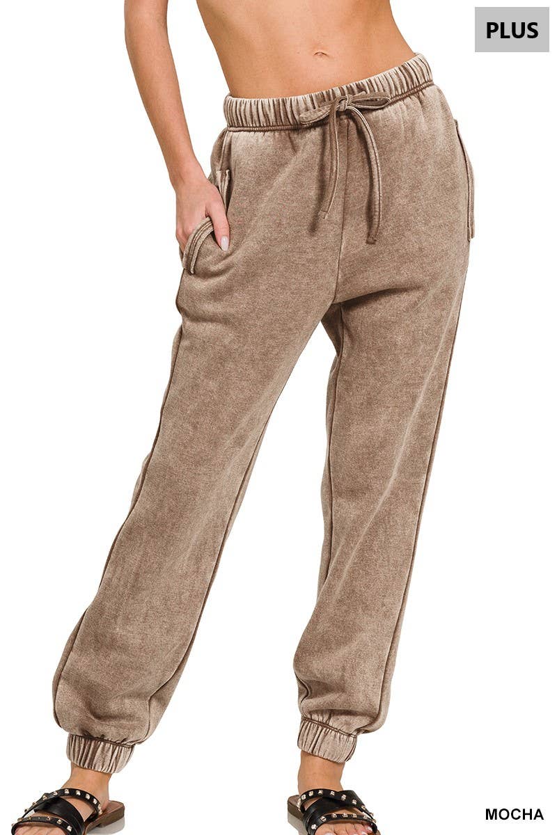 ZENANA SNOW ACID WASH FLEECE SWEATPANTS WITH POCKETS