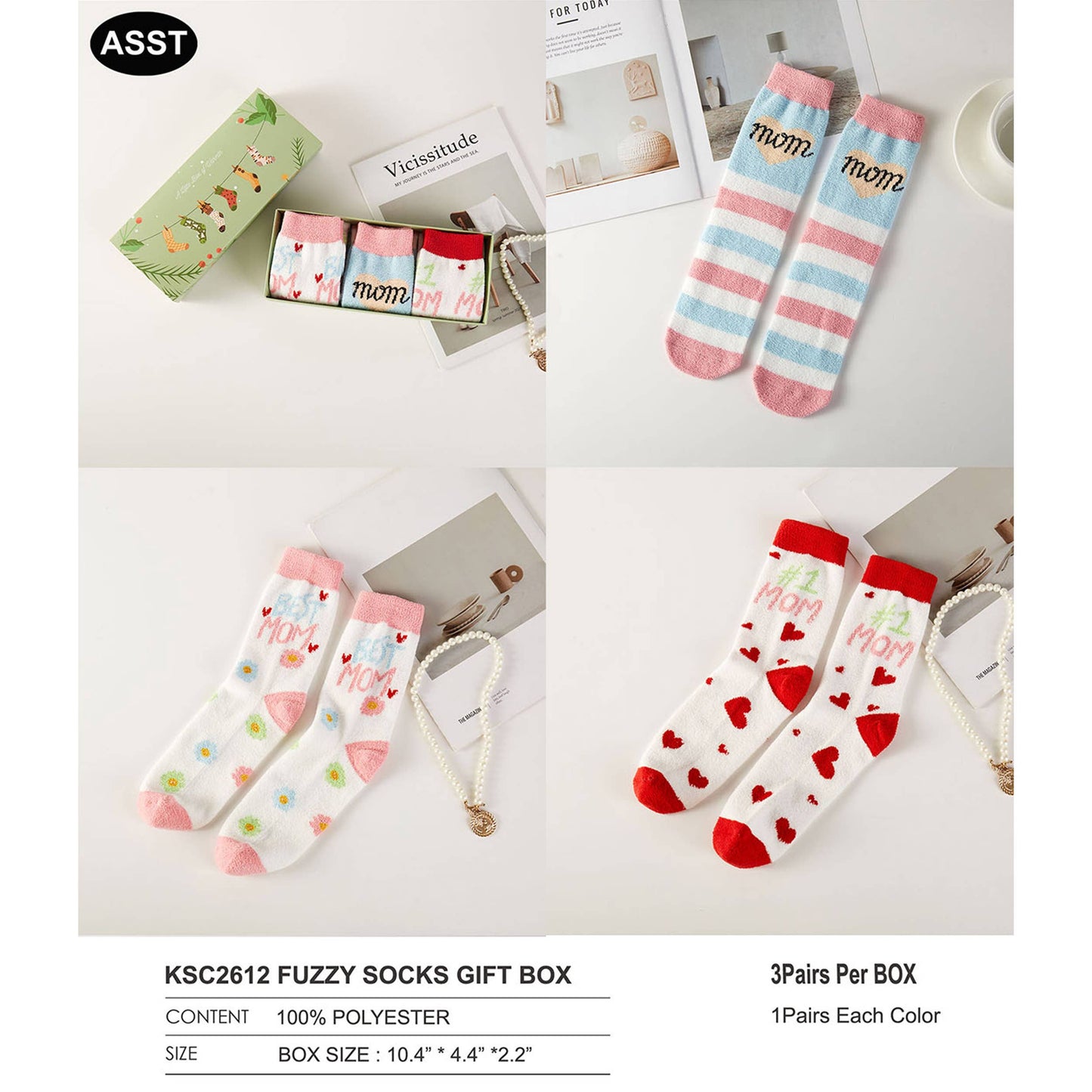 Love Mom Theme Cute Graphic Fuzzy Socks Gift Box (3 Pairs)