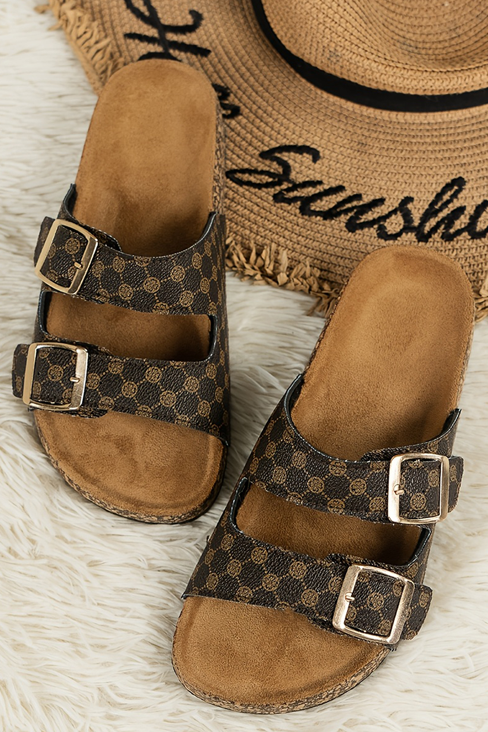 Geometric Print Cut Out Buckle PU Leather Flat Sandals
