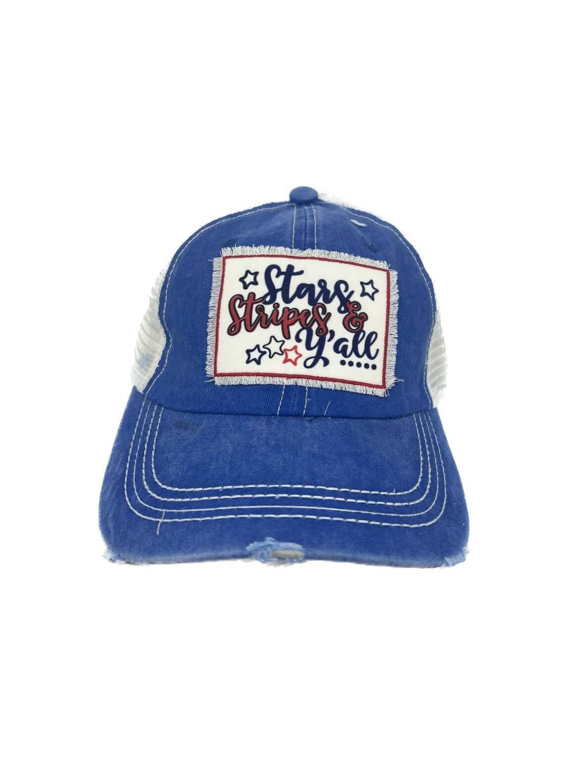 Stars Stripes & Y'all Patch On Blue Distressed Hat with Tan