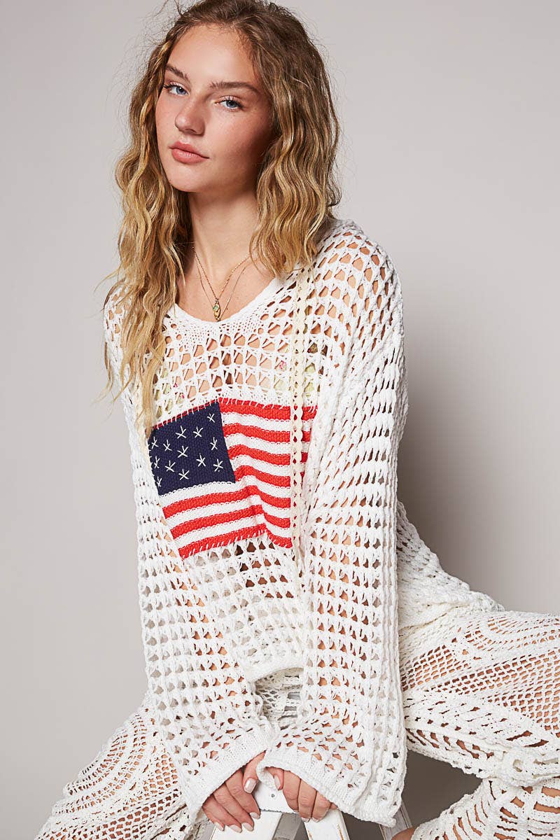 POL Long sleeve American flag hoodie thin sweater top