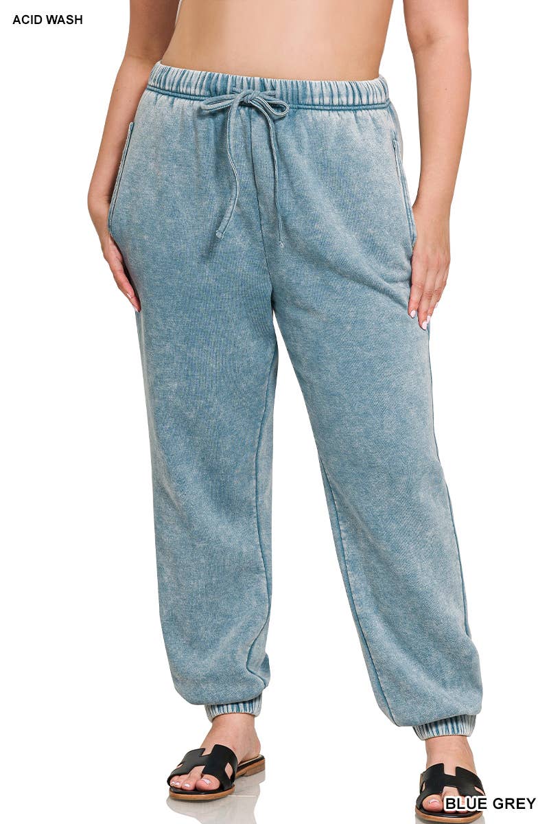 ZENANA SNOW ACID WASH FLEECE SWEATPANTS WITH POCKETS