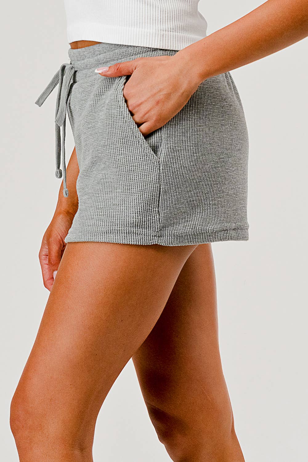 Womens Drawstring Waffle Textured Shorts W/Pockets
