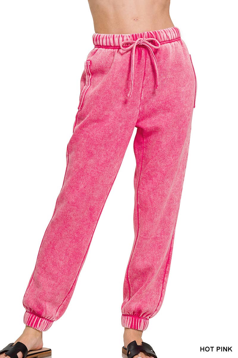 ZENANA SNOW ACID WASH FLEECE SWEATPANTS WITH POCKETS