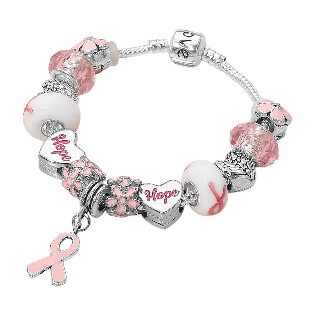 Pink Ribbon Charm Accent Multi Beaded Bracelet