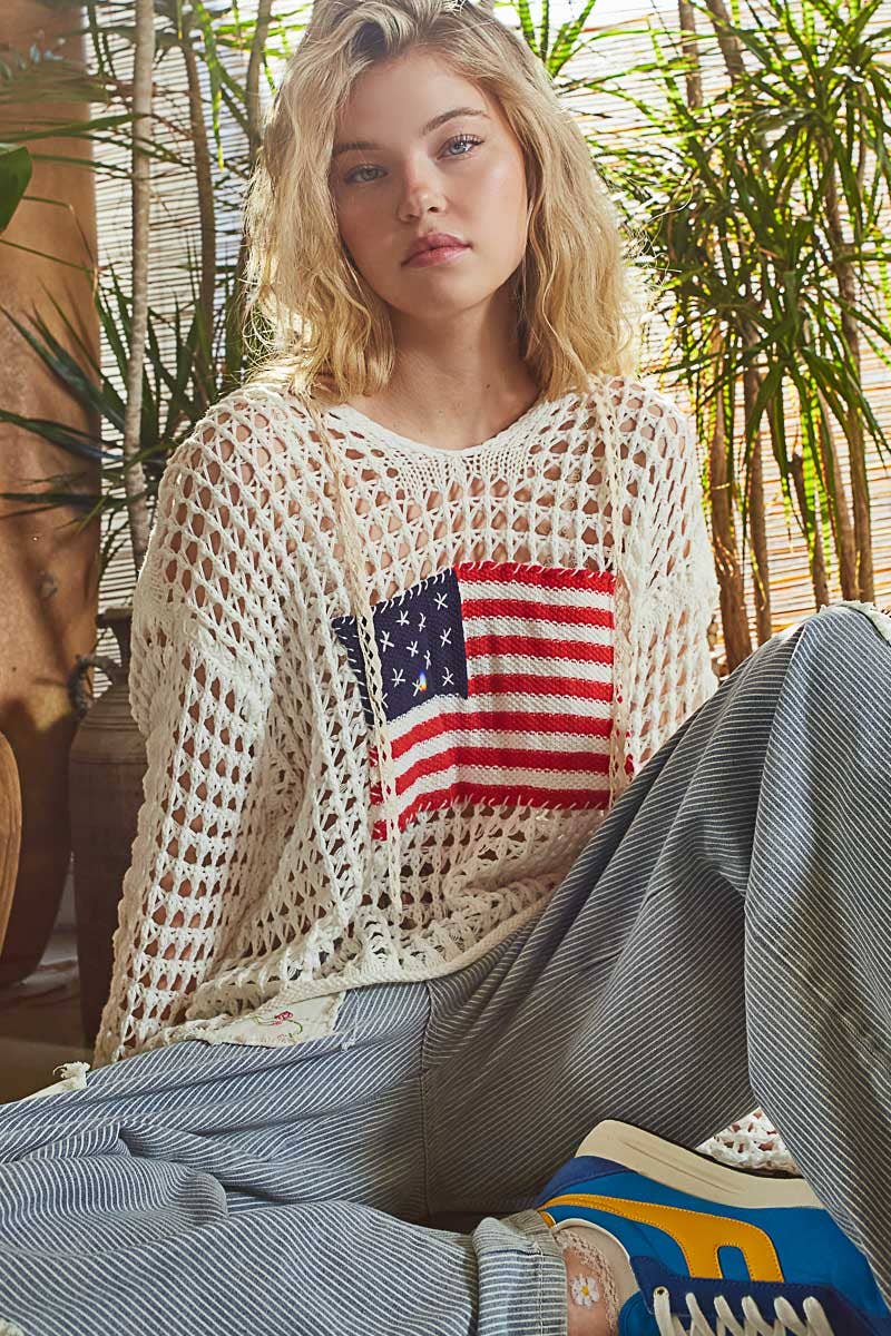POL Long sleeve American flag hoodie thin sweater top