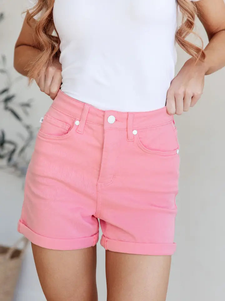 Judy Blue High Rise Control Top Cuffed Shorts in Pink