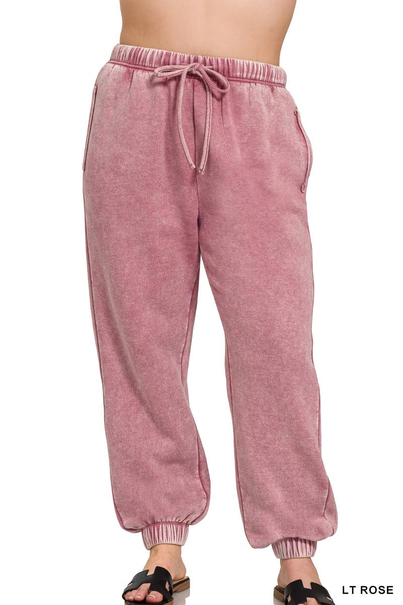 ZENANA SNOW ACID WASH FLEECE SWEATPANTS WITH POCKETS
