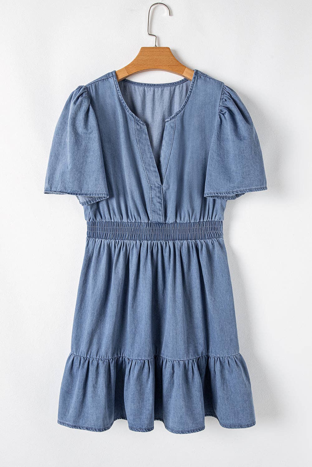 Denim Ruffle V-Neck Spring Mini Dress