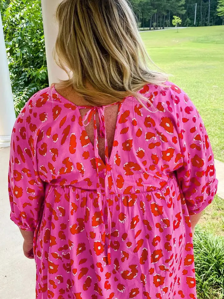 Rose Plus Size 3/4 Sleeves V Neck Leopard Dress