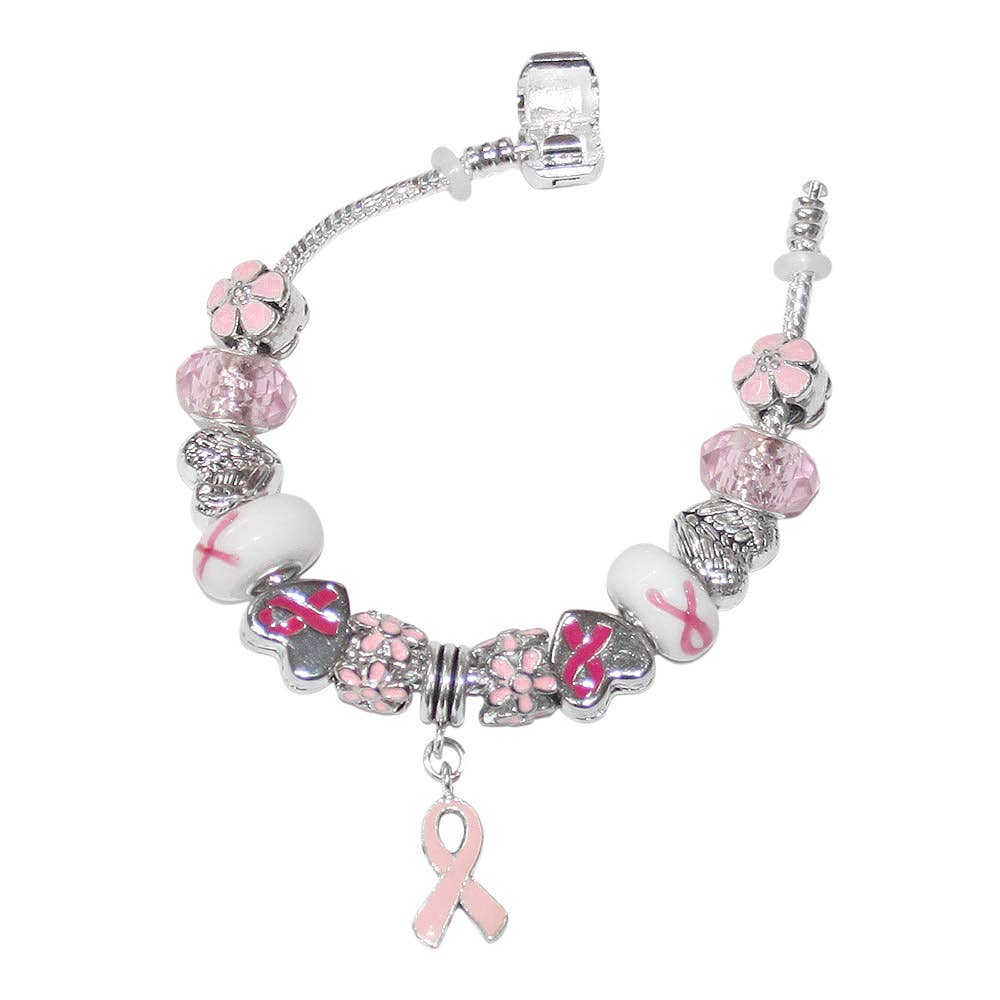 Pink Ribbon Charm Accent Multi Beaded Bracelet