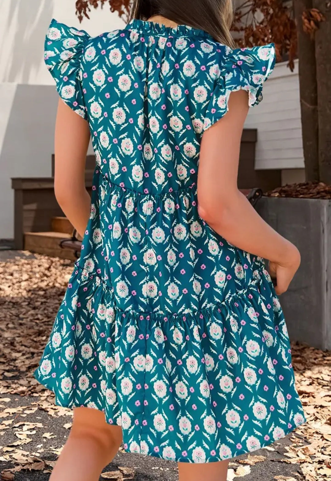 Retro Floral Print Ruffle Sleeve Dress