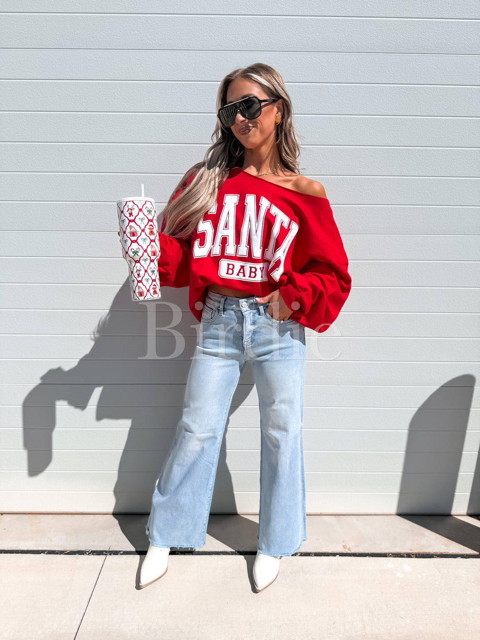 Santa Baby Graphic Crewneck off the Shoulder on Red