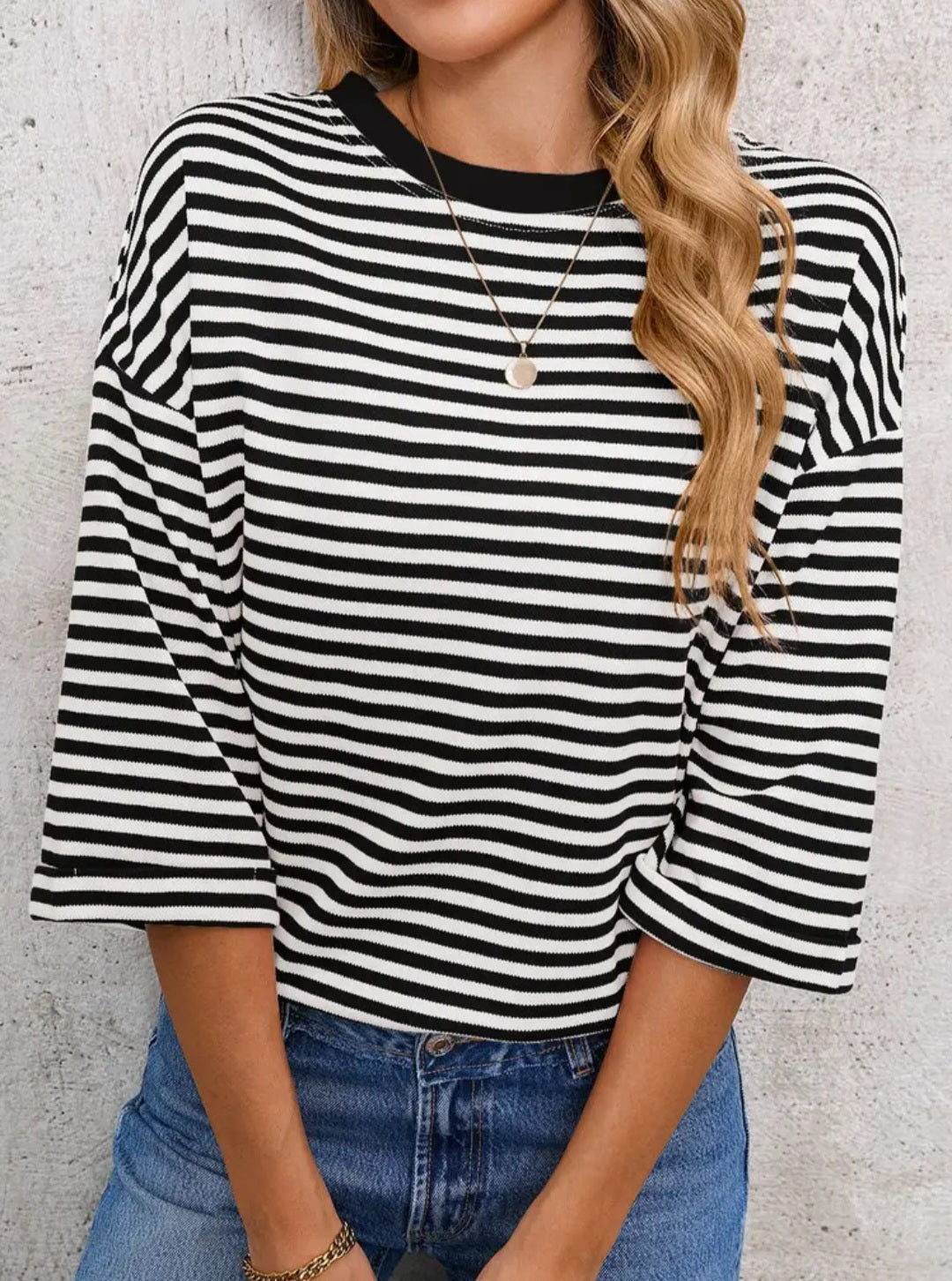 Striped Knit Crew Neck Top with Back Bow Tie Detail