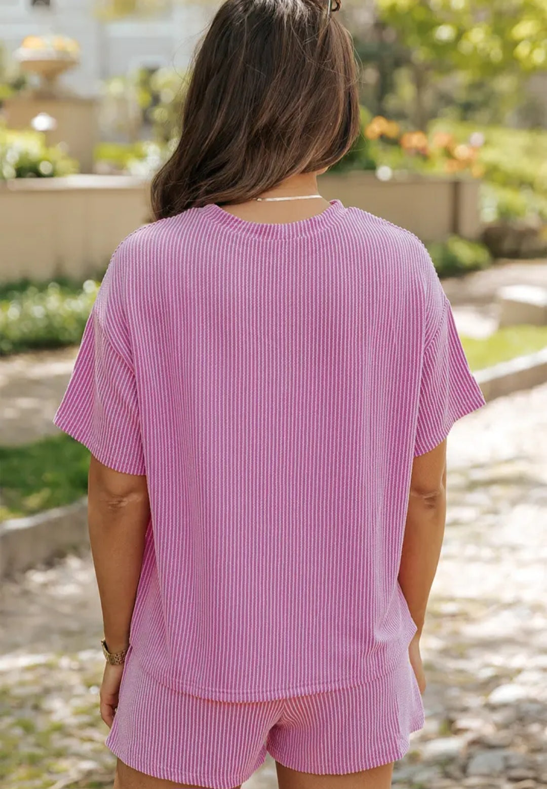 Ribbed Textured Knit Loose Fit Tee and Shorts Set - Pink