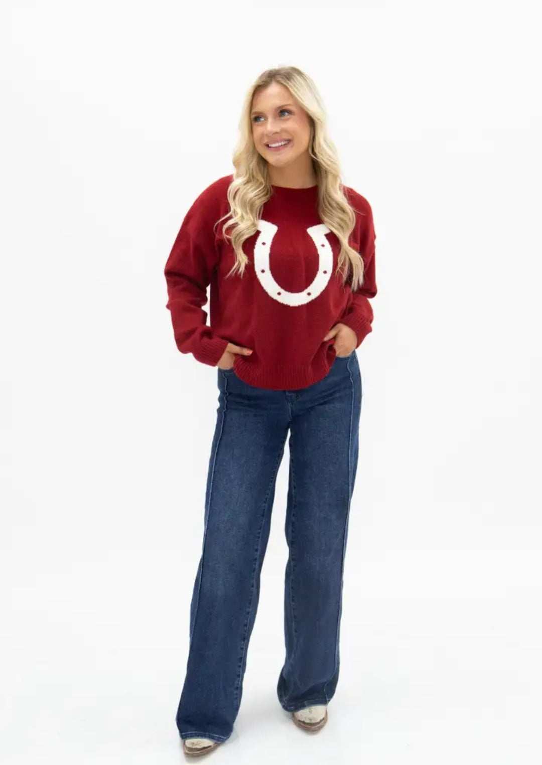 Grace + Emma Horse Shoe on Red Sweater
