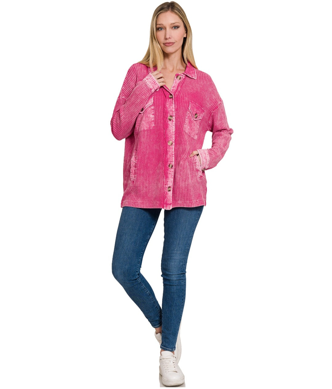 Zenana Cotton waffle acid wash oversized shacket