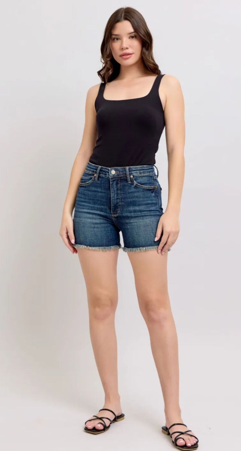 Judy Blue Tummy Control Fray Hem & Shield Back Pockets Denim Shorts
