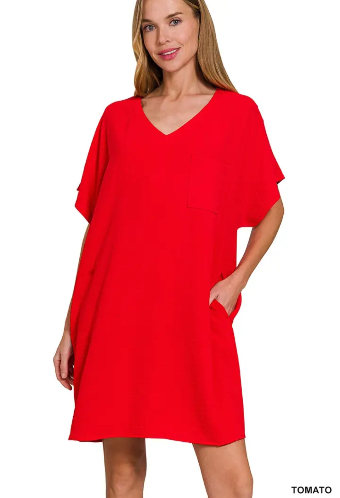 Zenana Woven Airflow V Neck T Shirt Dress with Pockets