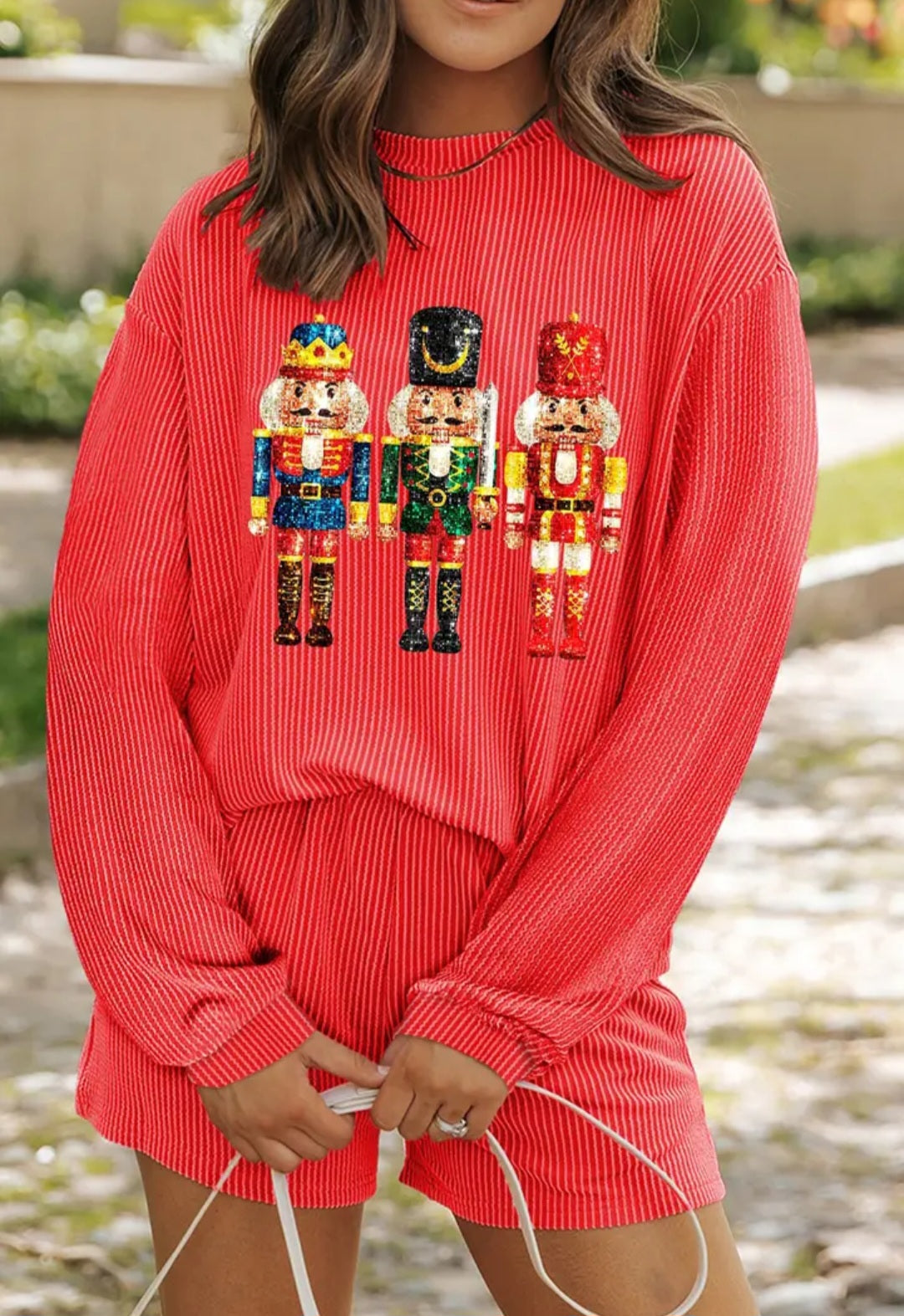 Sequin Christmas Pattern Pullover and Shorts Set