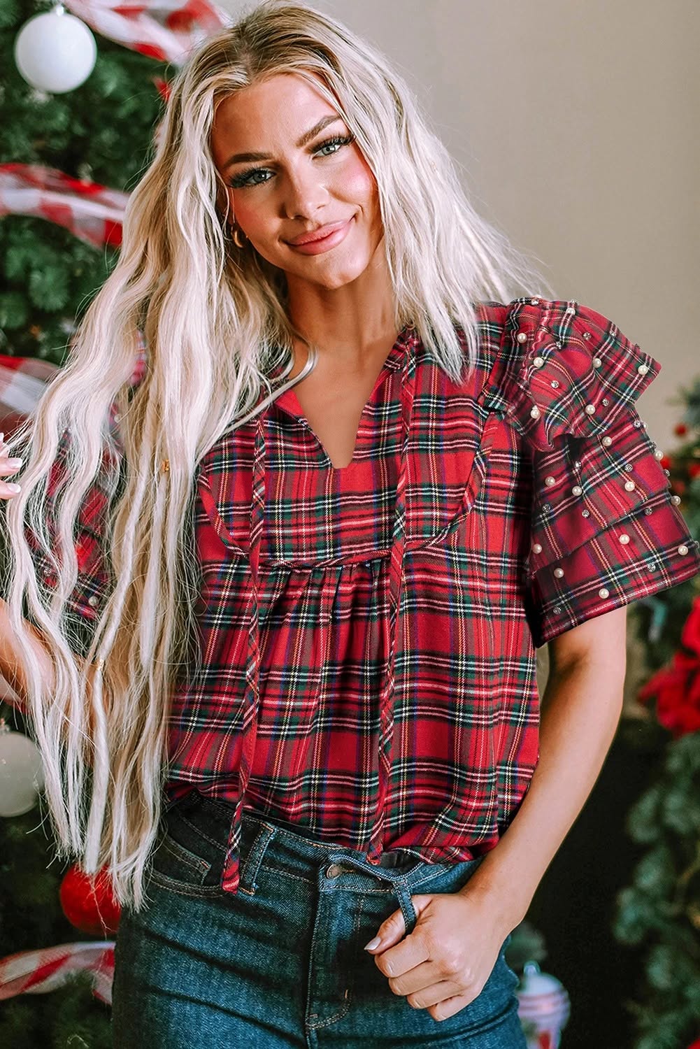 Red Plaid Pearl Embellished Ruffle Blouse