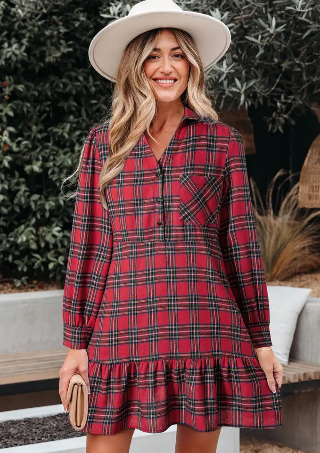 Red Plaid Shirt Collar Half Button Ruffle Hem Long Sleeve Midi Dress