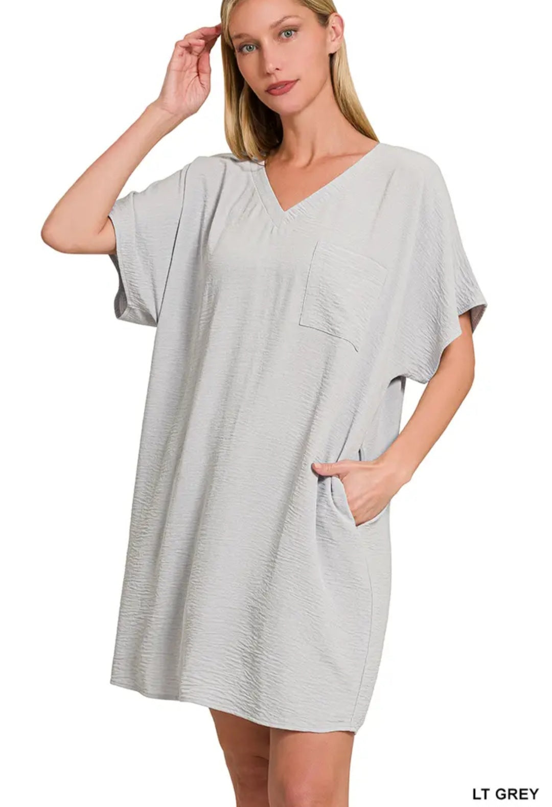 Zenana Woven Airflow V Neck T Shirt Dress with Pockets