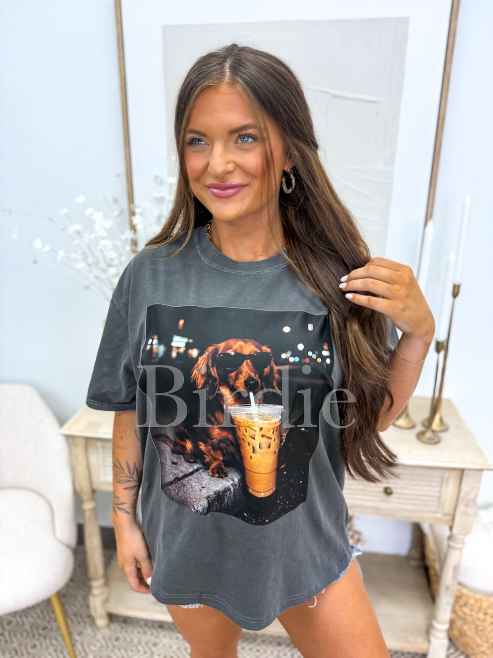Birdie Iced Coffee Weenie Graphic Tee on Pepper