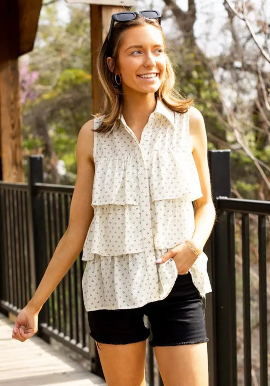 Grace & Emma Ivory Ruffle Button Down Sleeveless Blouse