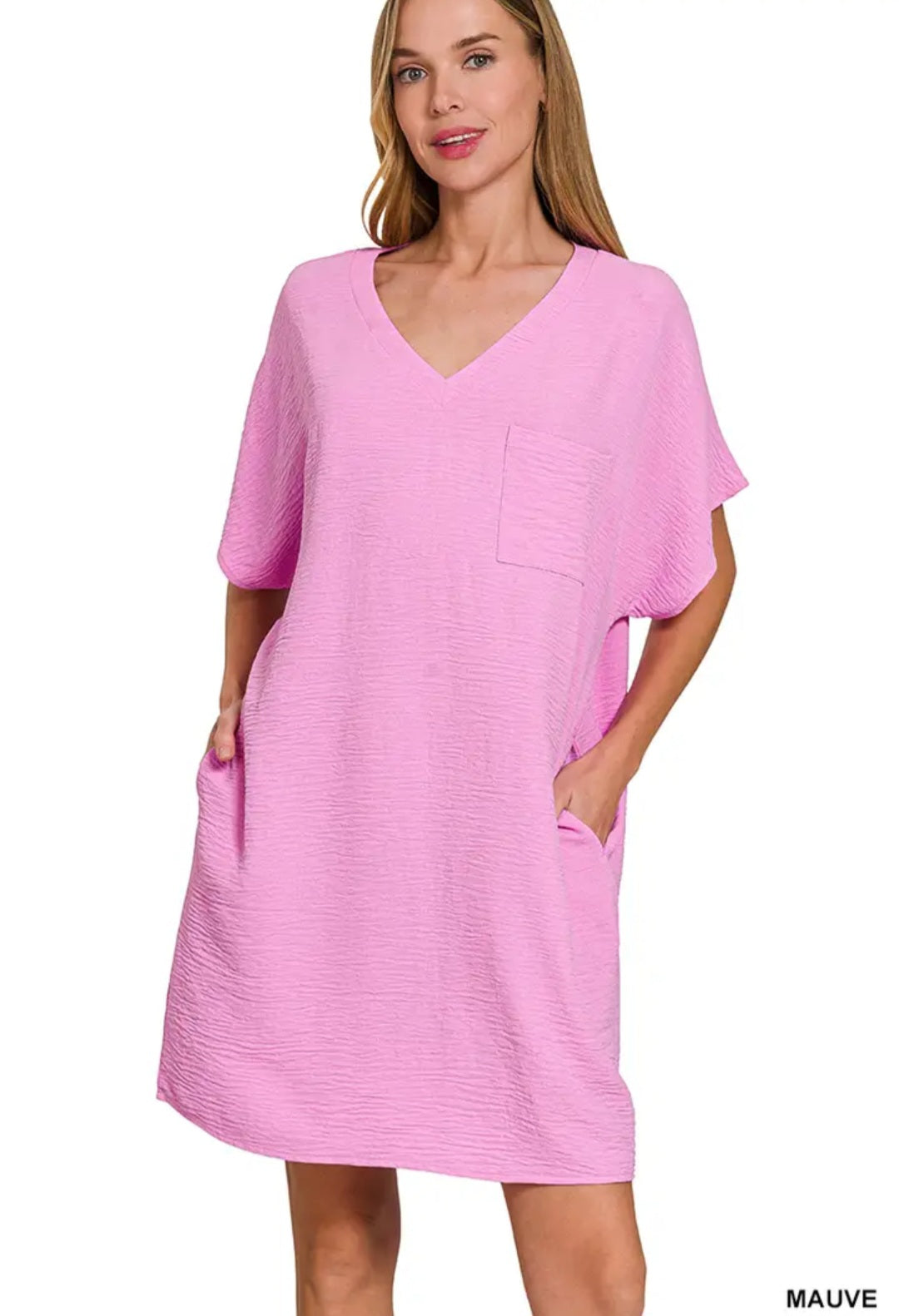 Zenana Woven Airflow V Neck T Shirt Dress with Pockets