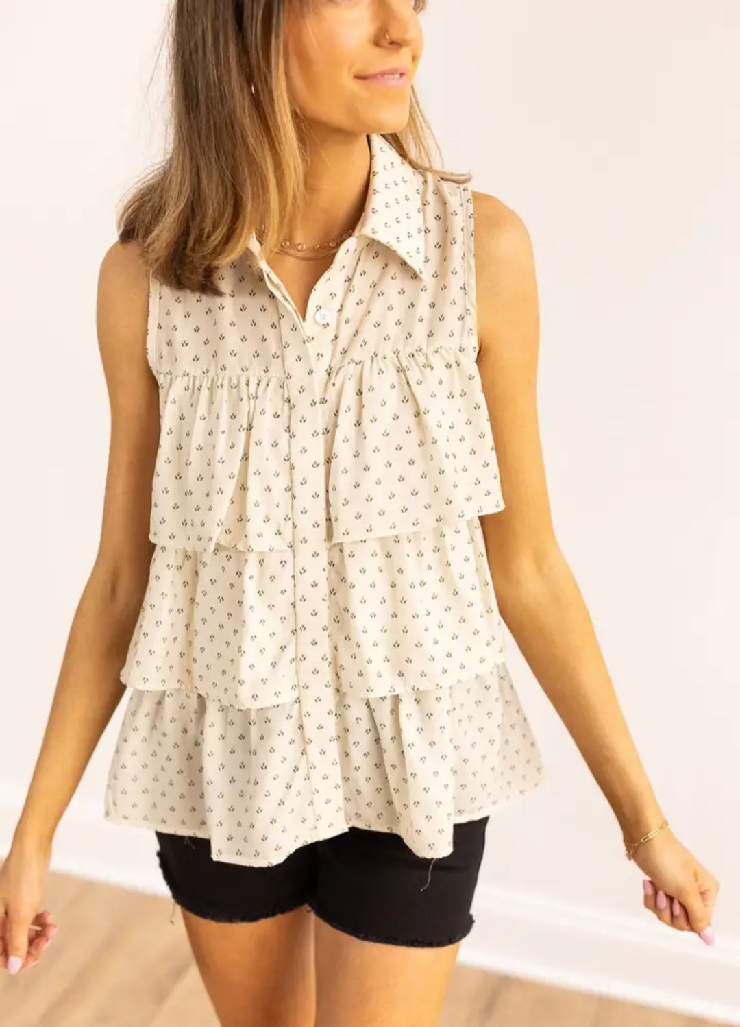 Grace & Emma Ivory Ruffle Button Down Sleeveless Blouse