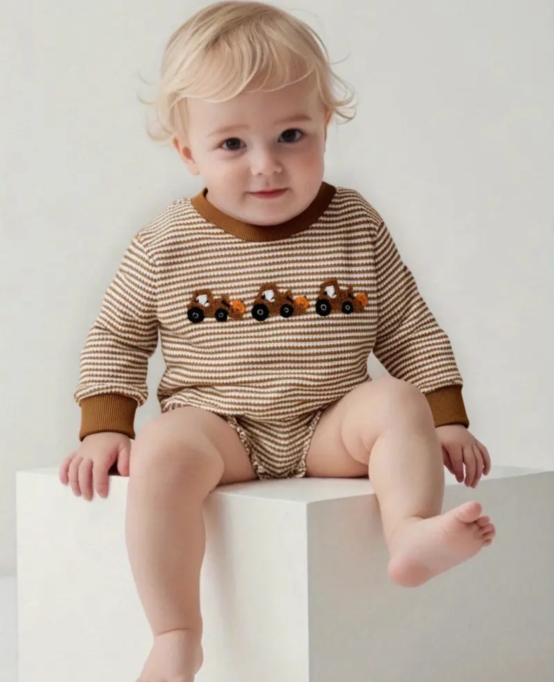 Long Sleeve Crew Neck Striped Embroidery Tractor Pumpkin Fall Bodysuit