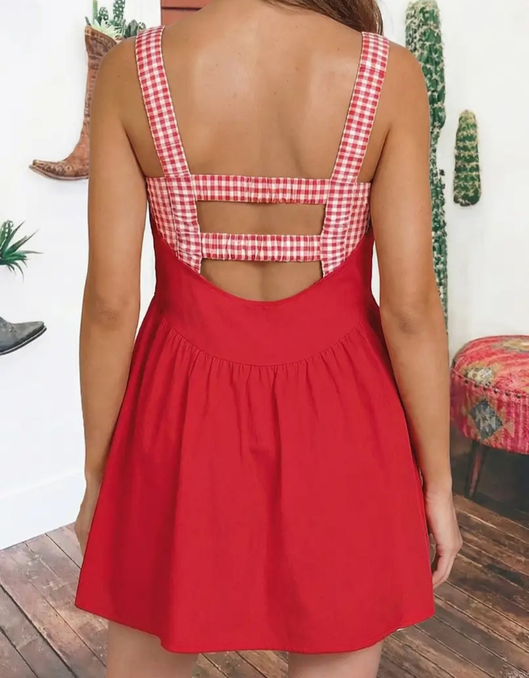 Two Piece Gingham Contrast Patchwork Loose Mini Dress- Yellow