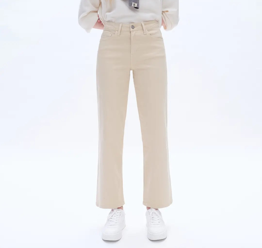 High Rise Wide Leg Twill Pants with Finished Hem