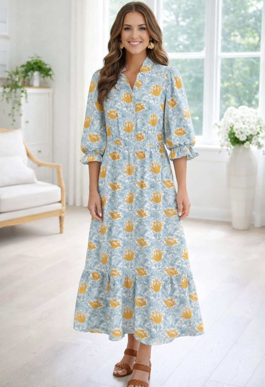 Brown Floral V Neck Dress