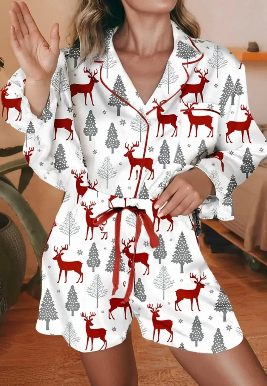 Christmas Printed Bow Knot Pajama Set
