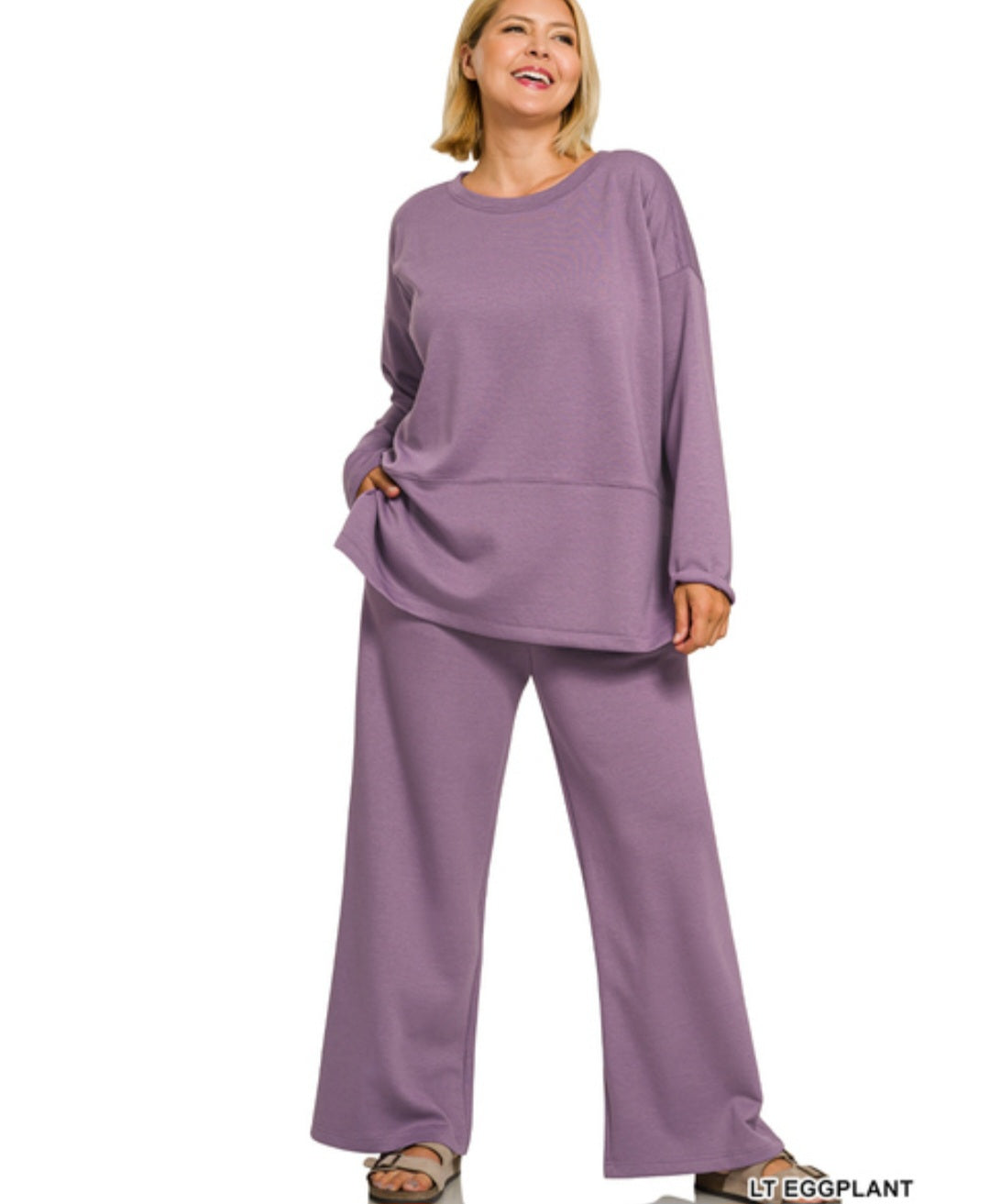 Zenana Plus scuba side slit top & pants set